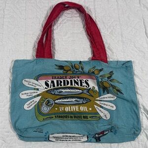Trader Joe’s Sardines Canvas Tote Bag in Teal with Red Handles
